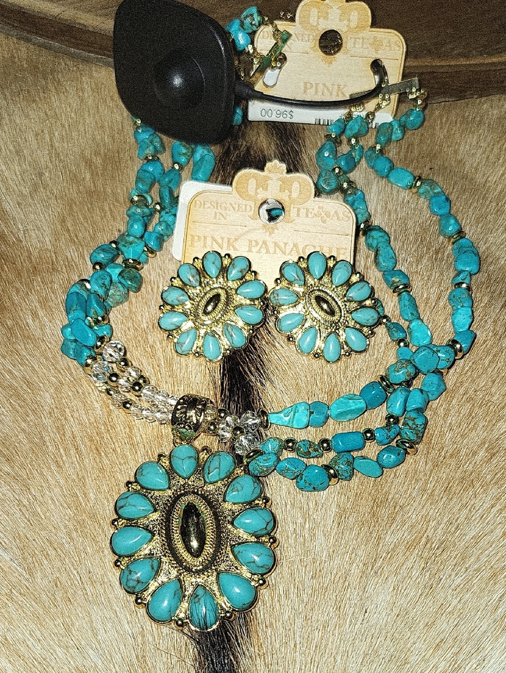 Kingman Turquoise Floral Pendant Necklace And Earrings